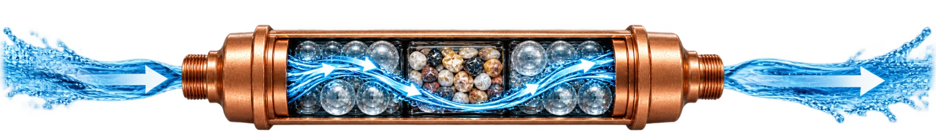 Cutaway illustration of the Hydro Vita inline water device showing internal glass spheres, proprietary core materials and the water flow path.