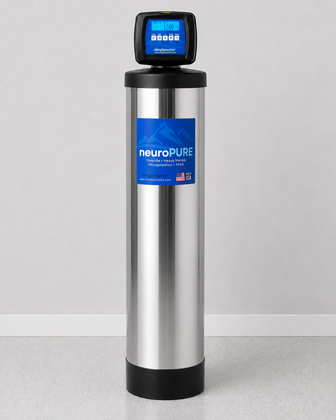 Simply Water neuroPURE filtration system, a stainless tank with a digital control head, in a home utility space