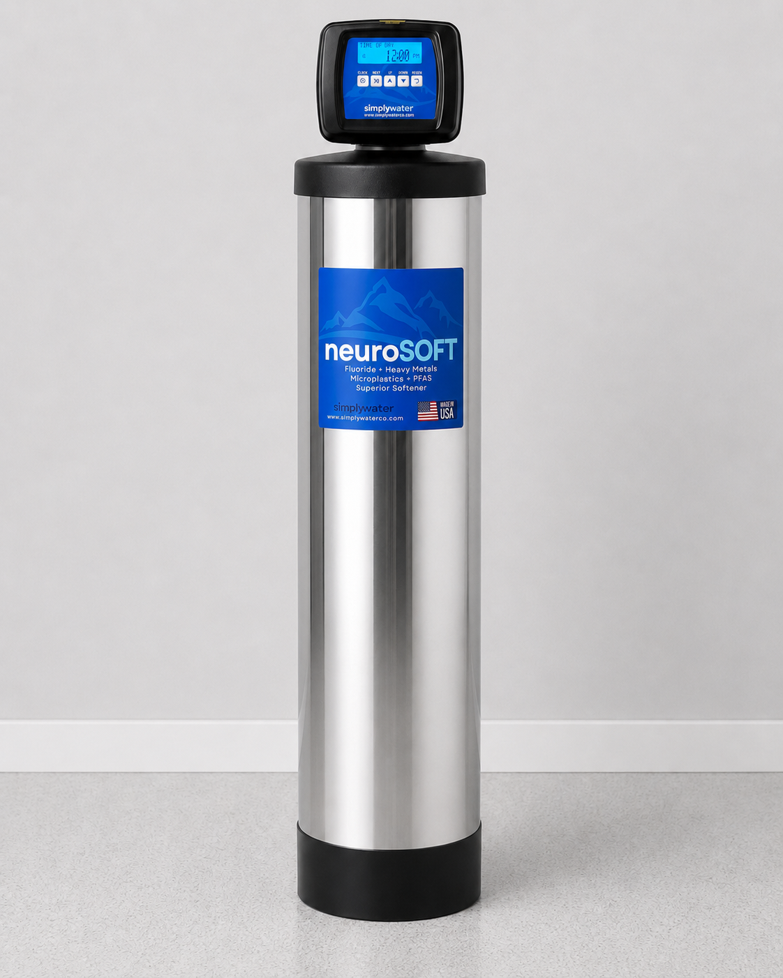 Simply Water neuroSOFT system, a stainless tank with a digital control head, standing in a home utility space