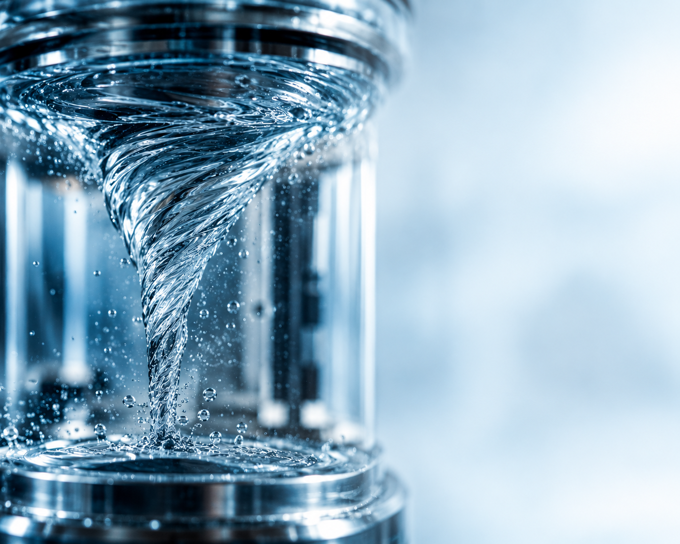 Swirling tornado-like column of water inside a clear tank, illustrating the vortex movement inside the Hydro Vita device