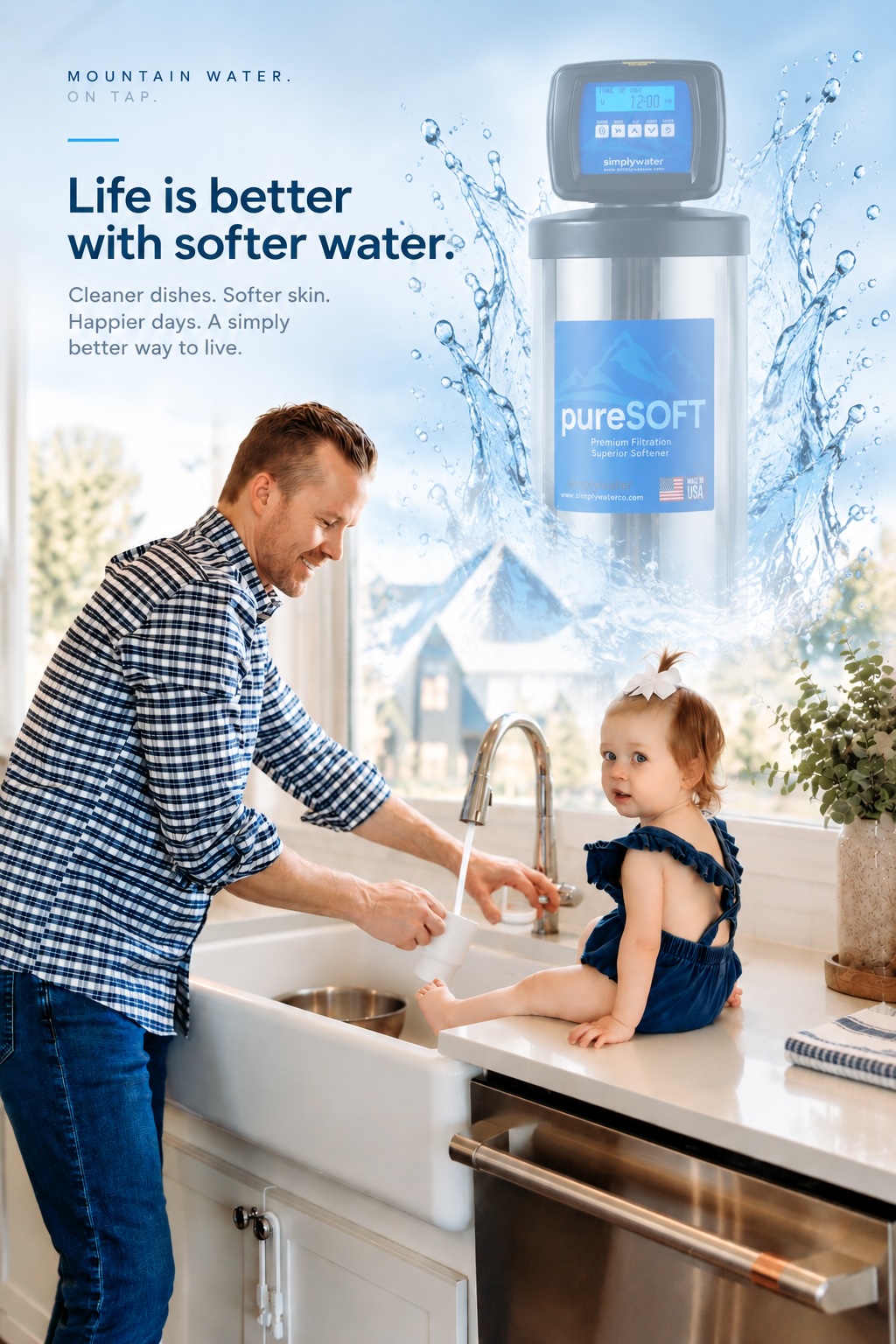 A father and daughter in a bright kitchen beside a Simply Water H2OPURE whole-home filtration system
